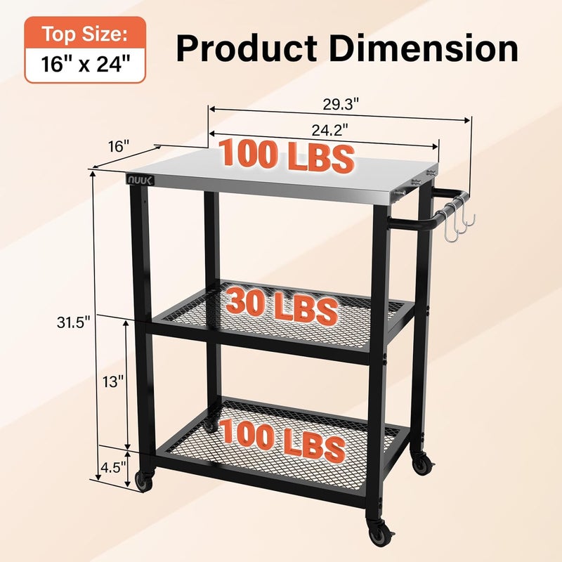 NUUK Grill Cart 16" x 24" Dining Prep Table 3-Shelf Kitchen Worktable Rolling Outdoor Pizza Oven Carts with Stainless Steel Top for Outside BBQ Tables - Image 4